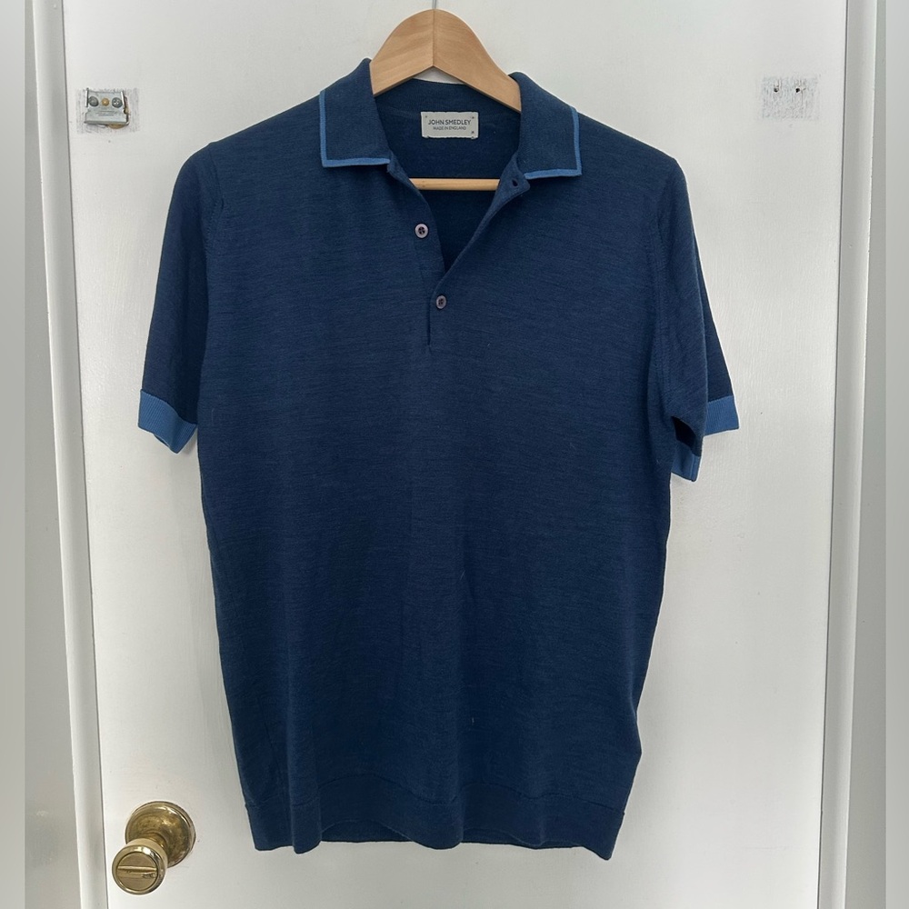 John Smedley men’s blue merino wool polo. Shirt (m)